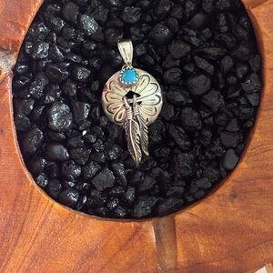Vintage Native American Signed Sterling Turquoise dream catcher feathers Pendant
